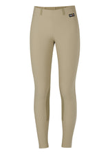 Flat lay of the riding tight, front side up, displaying the belt loops, knee patches, and the finely ribbed texture of the Microcord™ fabric