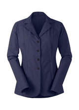 Stretch Competitor Koat in navy laid flat, front view, displaying the hidden front zipper, snap closures, and sleek design