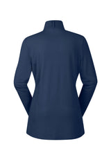 Flat lay of the Kerrits Ice Fil® Lite Long Sleeve Riding Shirt in Navy, showing the back profile with equestrian hem.
