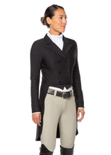 Front view of the black Affinity® Aero Shadbelly Show Coat featuring classic double-breasted styling with six matte logo buttons and a crisp collar