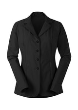 Stretch Competitor Koat in black laid flat, front view, displaying the hidden front zipper, snap closures, and sleek design