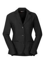 Flat lay of the Affinity® Aero Show Coat in black, displaying the front design with a crisp collar and three-button closure.
