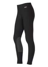 Side profile emphasizing the tight's mid-rise waistband and the sleek, show-ready appearance suitable for both schooling and competition
