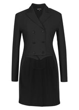 Flat lay of the black Affinity® Aero Shadbelly Show Coat displaying the front double-breasted design with six matte buttons and crisp collar.