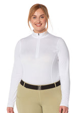 Front view of the Kerrits Ice Fil® Lite Long Sleeve Riding Shirt in White, featuring a 10-inch zip collar and sporty, feminine fit.