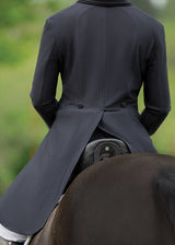 Rider on horse showcasing the back of the black Affinity® Aero Shadbelly Show Coat, with flowing tails and a tailored fit.