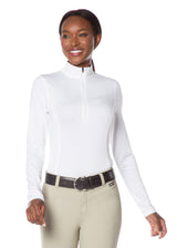 Model wearing the Kerrits Ice Fil® Lite Long Sleeve Riding Shirt in White, highlighting the sporty fit and zip collar.