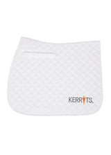 Front view of the Kerrits Saddle Pad in white, featuring diamond quilting, billet straps, and girth loops for secure placement