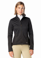 Front view on model of the Softshell Riding Jacket in black, featuring a two-way front zipper with chin guard and a sleek, minimalist design suitable for logo customization