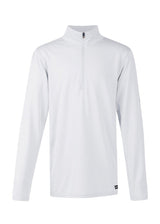 Flat lay of the shirt, front side up, displaying the high collar, zip, and long sleeves