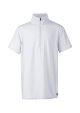 Flat lay of the shirt, front side up, displaying the high collar, zip, and short sleeves