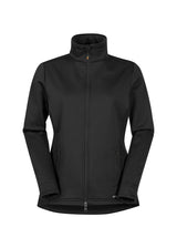 Softshell Riding Jacket laid flat, front view, displaying the two-way zipper, chin guard, and stretch side panels